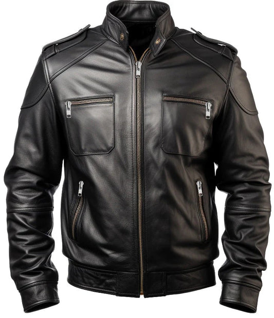 Black Leather Bomber Jacket Men