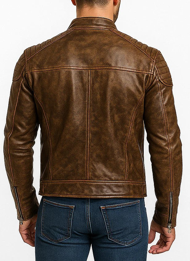 Brown Distressed Leather Biker Jacket for Men