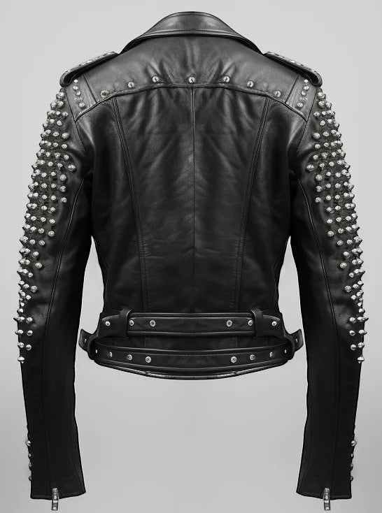 Men Black Leather Jacket - Black Biker Studded Jacket