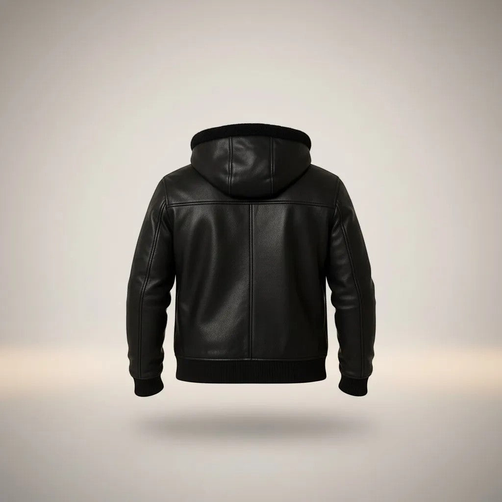 Scarlett Stitch Men's black faux leather hooded bomber jacket with sherpa lining and ribbed cuffs.