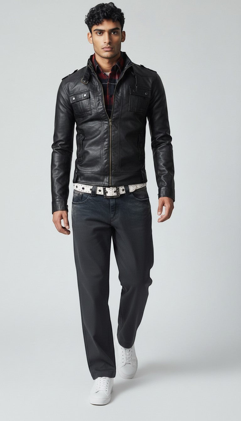 Scarlett Stitch Men's black faux leather moto jacket with stand-up collar, epaulets, chest pockets, and zippered cuffs.