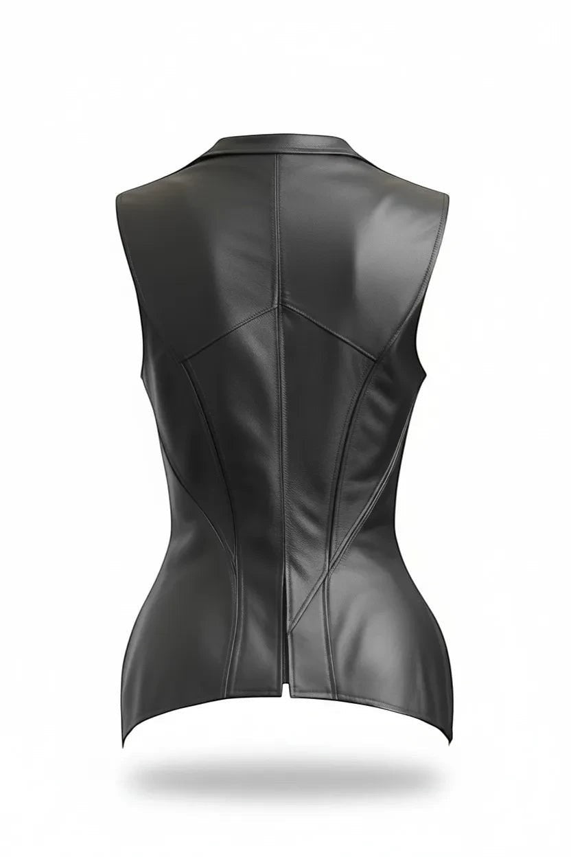 Scarlett Stitch black faux leather peplum vest with collar and single-button closure. Sleeveless, tailored fit.