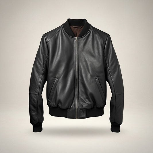 Scarlett Stitch black leather bomber jacket for men with ribbed collar, cuffs, and hem. Features a zip front and side pockets.