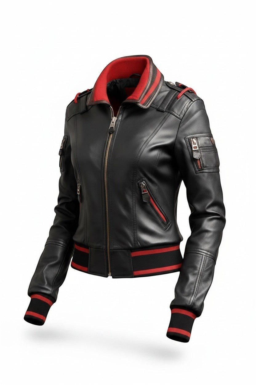 Scarlett Stitch black leather bomber jacket with red ribbed collar, cuffs, and hem. Features zip pockets and epaulets.