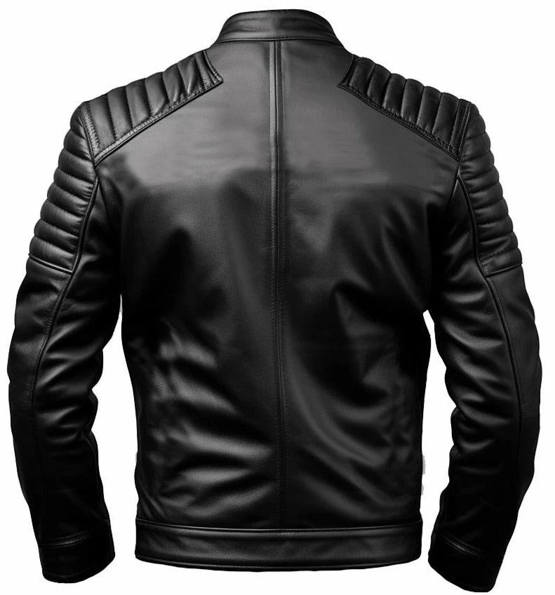 Scarlett Stitch men's black leather motorcycle jacket with quilted shoulder panels, back view