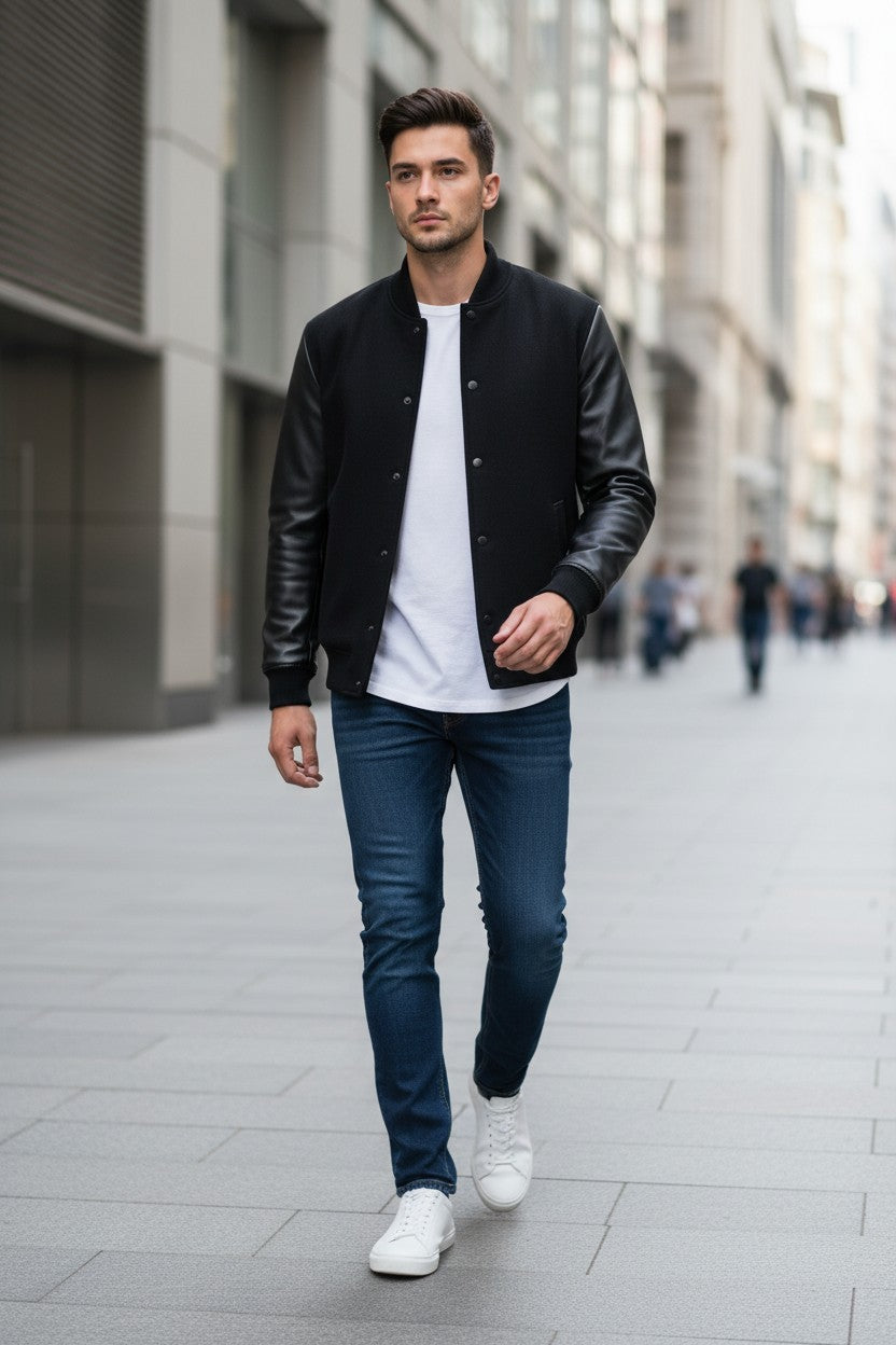 Scarlett Stitch Men's black wool-blend varsity jacket with genuine leather sleeves, snap-button front, and ribbed trim.