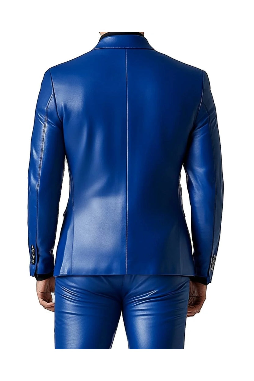 Back view of a Scarlett Stitch royal blue faux leather tailored suit jacket with a sleek, structured fit.