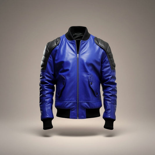 Scarlett Stitch men's royal blue genuine leather bomber jacket with black quilted shoulders and ribbed collar, cuffs, and hem.