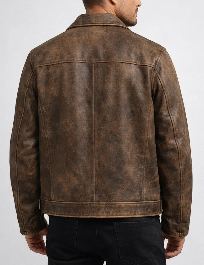 Scarlett Stitch men's vintage brown distressed leather jacket, back view showing structured collar and clean seams.