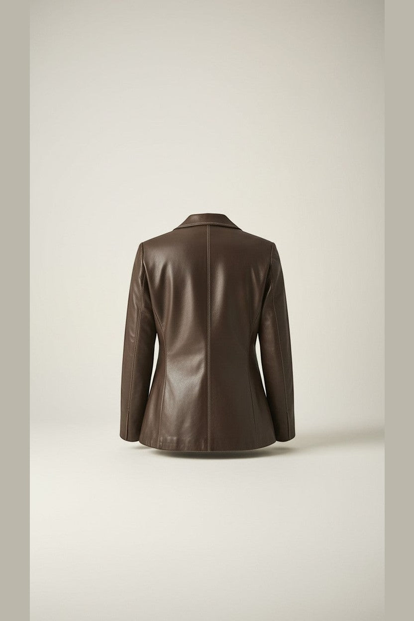 Scarlett Stitch brown faux leather blazer jacket with mandarin collar and button front. Tailored fit.