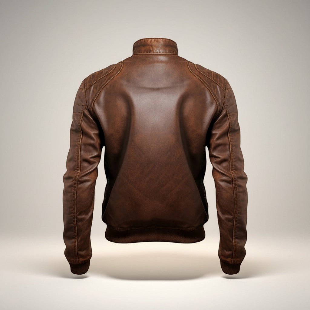 Scarlett Stitch brown faux leather bomber jacket with stand collar, ribbed cuffs and hem, and detailed stitching.