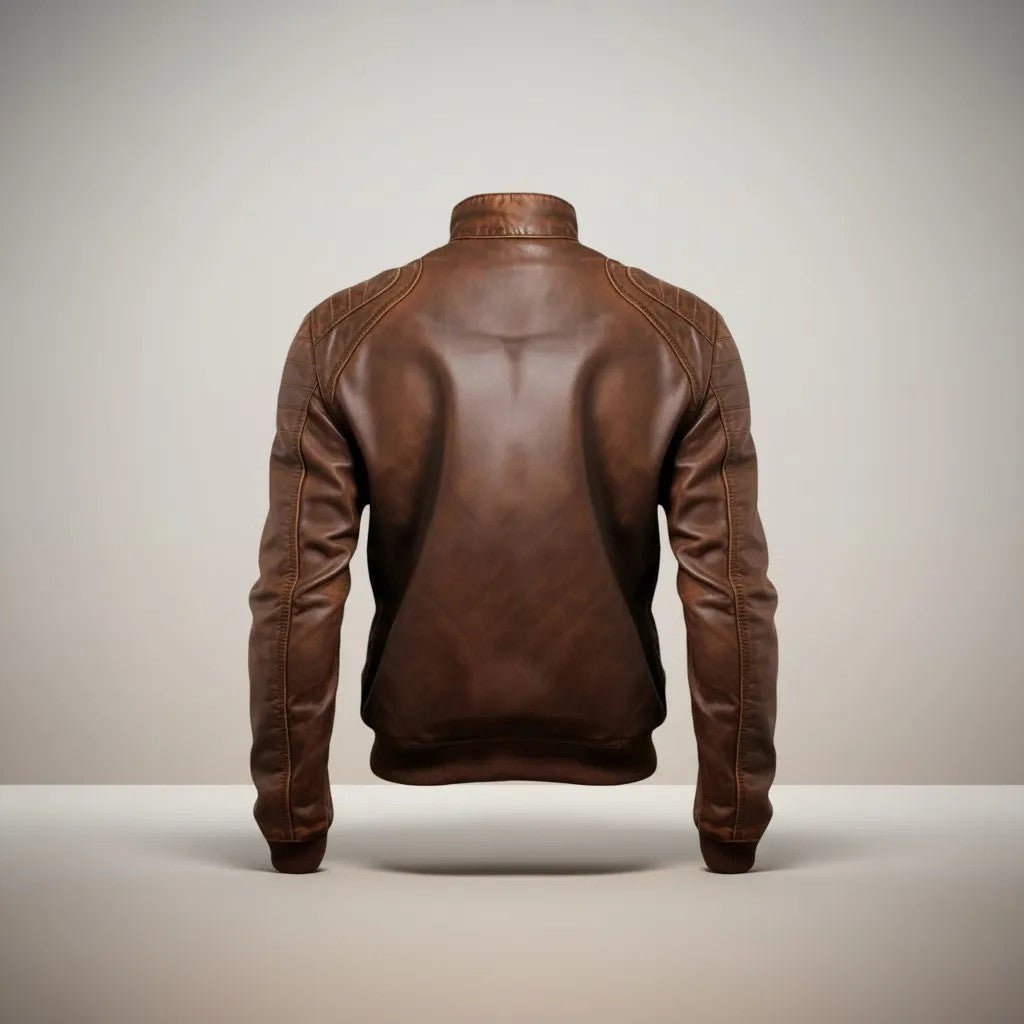 Scarlett Stitch Men's brown faux leather bomber jacket with stand-up collar, quilted shoulders, and ribbed cuffs/hem.