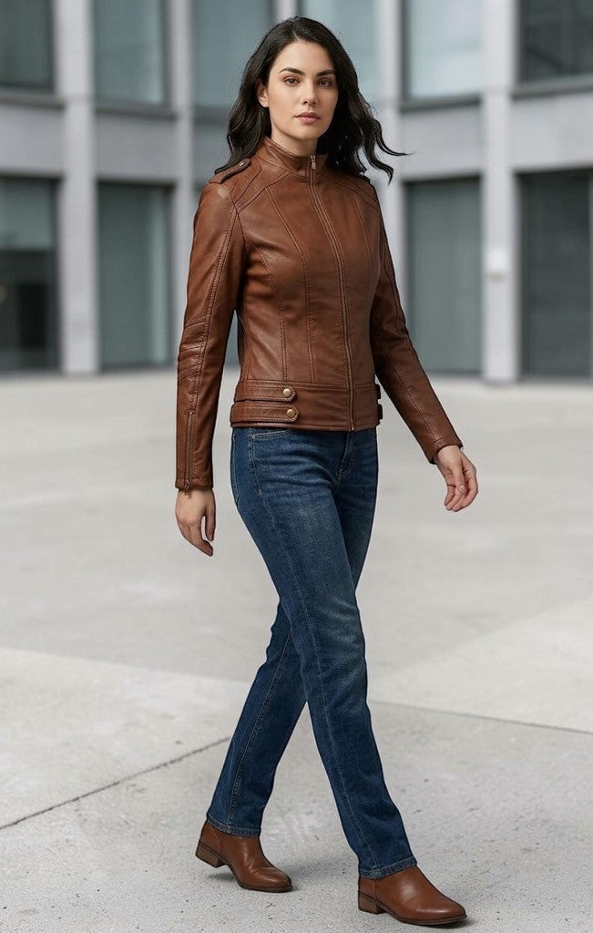 Scarlett Stitch brown faux leather moto jacket with zipper details, stand-up collar, and snap buttons.