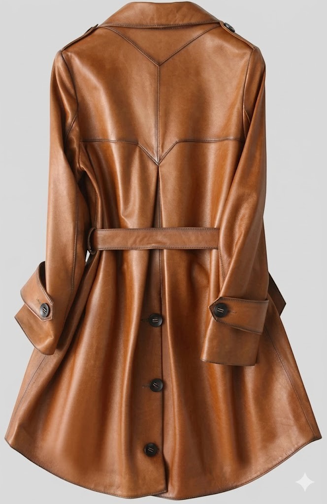 Scarlett Stitch warm brown faux leather belted trench coat with dark buttons and notched lapel.