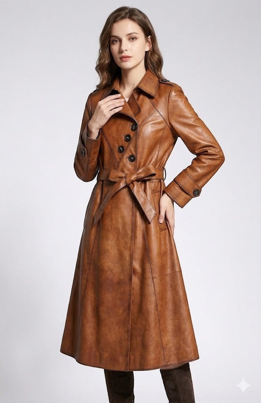 Scarlett Stitch brown faux leather belted trench coat with double-breasted front and notched lapel.