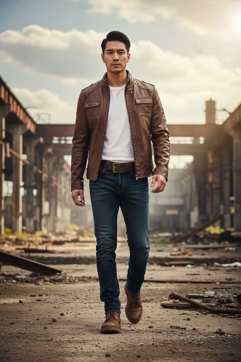 Man wearing a brown Scarlett Stitch faux leather utility jacket with chest pockets in an urban industrial setting.