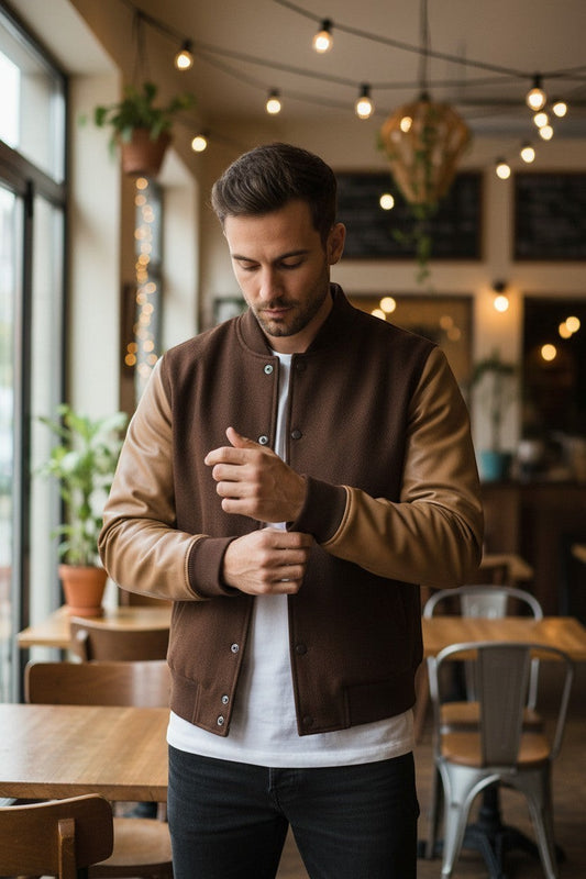 Scarlett Stitch Men's brown wool-blend bomber jacket with tan leather sleeves, ribbed collar, cuffs, and hem.