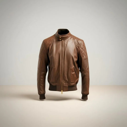 Scarlett Stitch men's brown quilted genuine leather bomber jacket with stand collar and zip front.