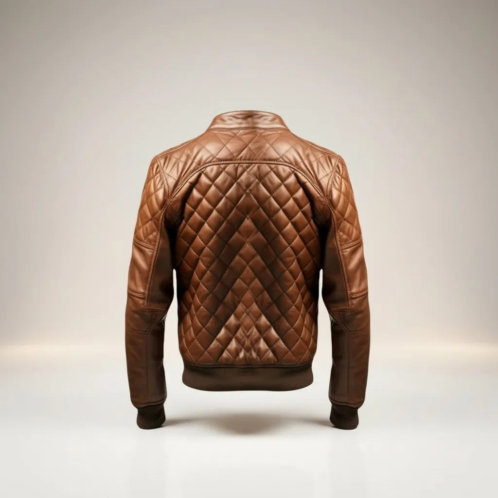 Scarlett Stitch Men's brown quilted genuine leather bomber jacket with ribbed cuffs and hem.