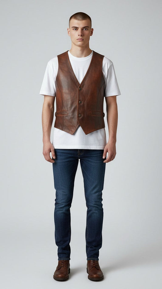Scarlett Stitch distressed brown leather vest with V-neck, button front, and flap pockets, worn over a white t-shirt.