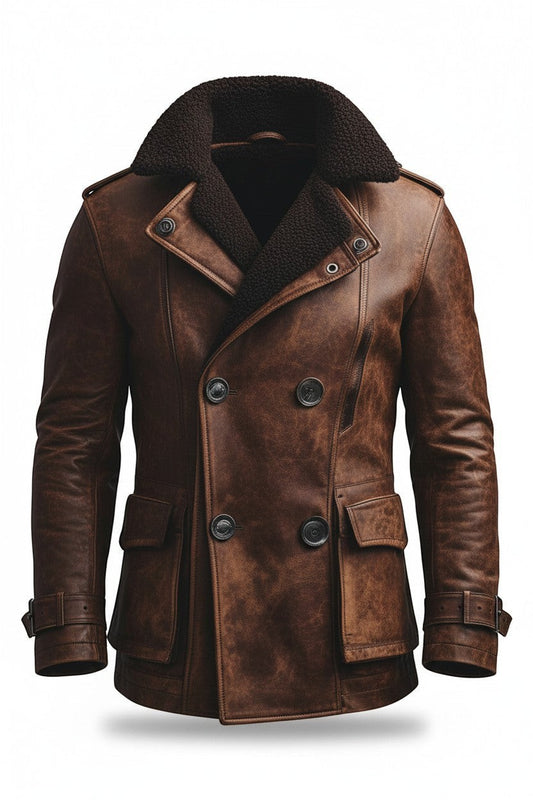Scarlett Stitch brown distressed leather double-breasted winter jacket with a dark shearling collar and flap pockets.