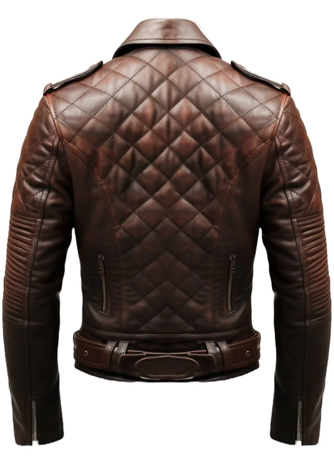 Scarlett Stitch men's brown leather motorcycle jacket with diamond-quilted back and ribbed sleeve detailing.