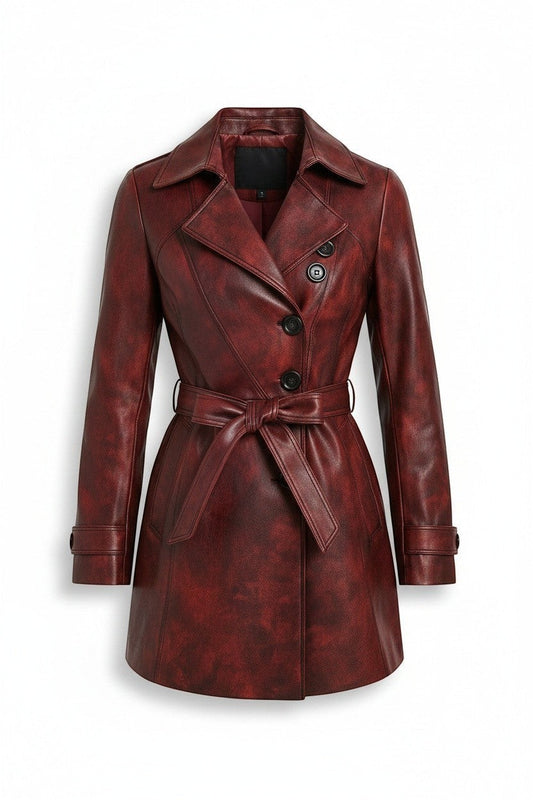 Scarlett Stitch burgundy faux leather double-breasted trench coat with a belted waist and notched lapels.