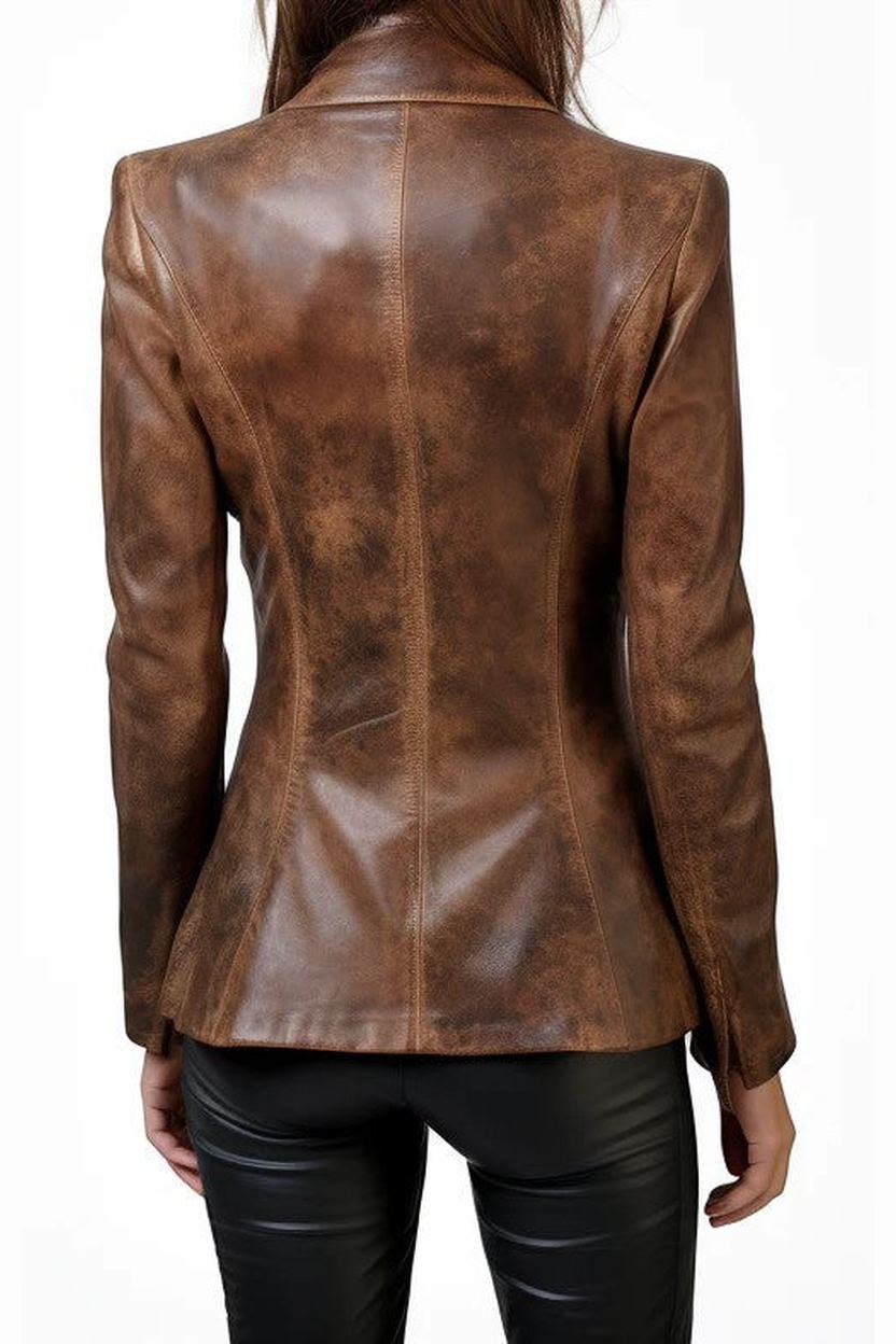 Scarlett Stitch tailored leather blazer in distressed brown with a structured back view on a woman.