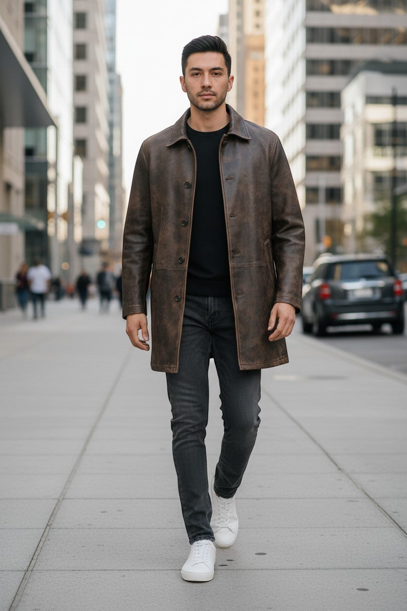 Scarlett Stitch men's distressed brown vintage leather car coat worn by a man walking on a city sidewalk.