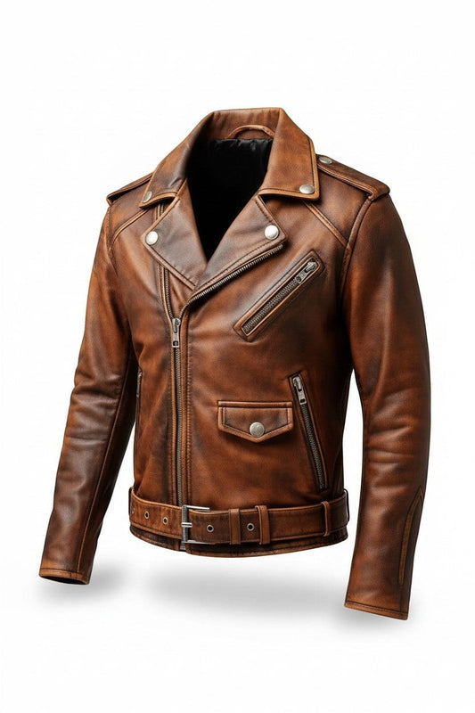 Scarlett Stitch distressed brown leather motorcycle jacket with asymmetrical zip, notched lapels, and waist belt.