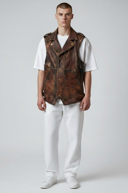Model wearing a Scarlett Stitch brown distressed leather biker vest with snap buttons over a white t-shirt and pants.
