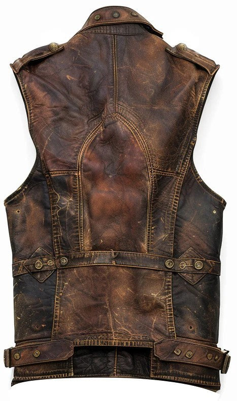 Scarlett Stitch brown distressed leather biker vest with vintage finish, structured collar, and snap-button details.