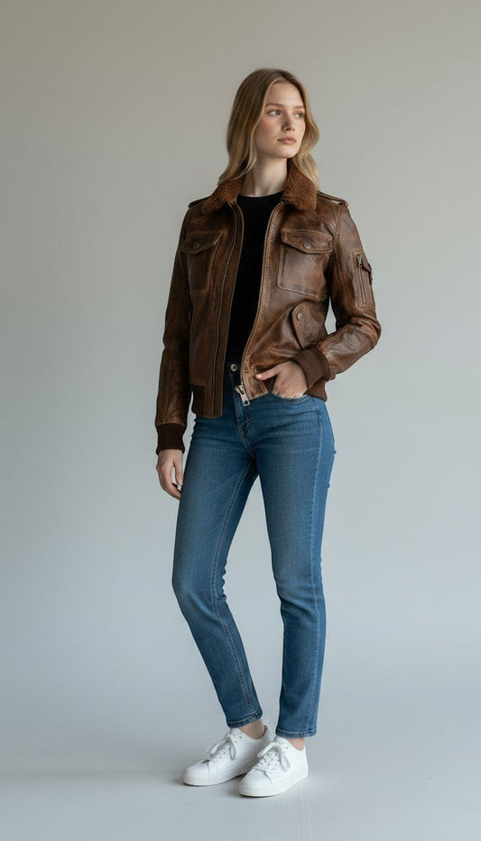 Scarlett Stitch women's distressed brown leather bomber jacket with sherpa collar, zip front, and utility pockets.