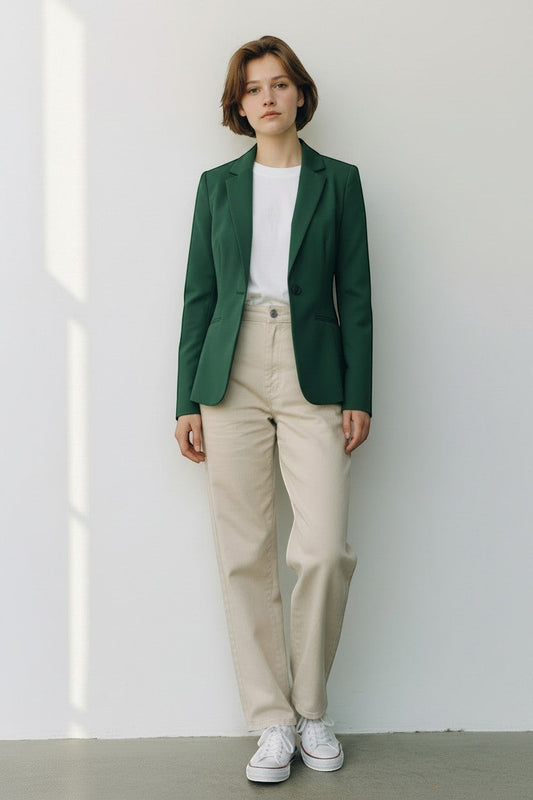 Scarlett Stitch women's deep forest green tailored blazer jacket with single-button closure and sharp lapels.