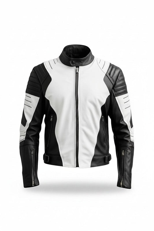 Scarlett Stitch men's black and white leather motorcycle jacket with quilted shoulder padding and mandarin collar.