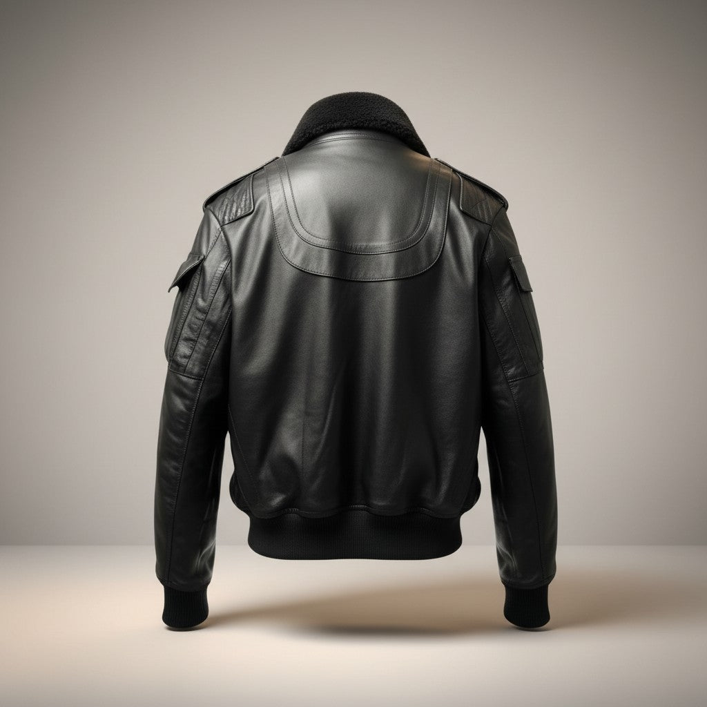 Scarlett Stitch Men's black faux leather bomber jacket with shearling collar, ribbed cuffs and hem, and zip pockets.