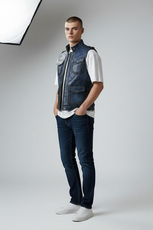 Model wearing a Scarlett Stitch distressed blue leather utility vest with front pockets over a white t-shirt.