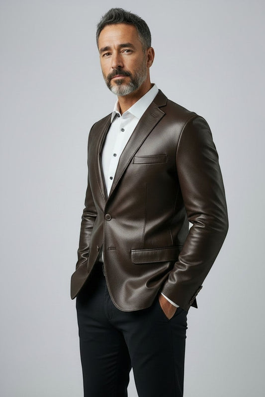 Man wearing a Scarlett Stitch dark brown leather blazer with a white shirt and black trousers against a grey background