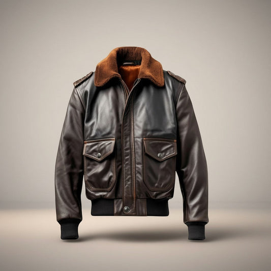 Scarlett Stitch Men's dark brown faux leather bomber jacket with shearling collar, zip front, flap pockets, and ribbed cuffs.