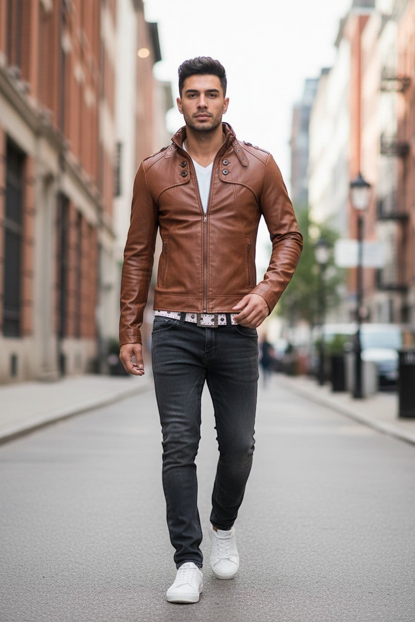 Man wearing a brown Scarlett Stitch faux leather jacket with a stand collar, white t-shirt, and dark jeans on a street