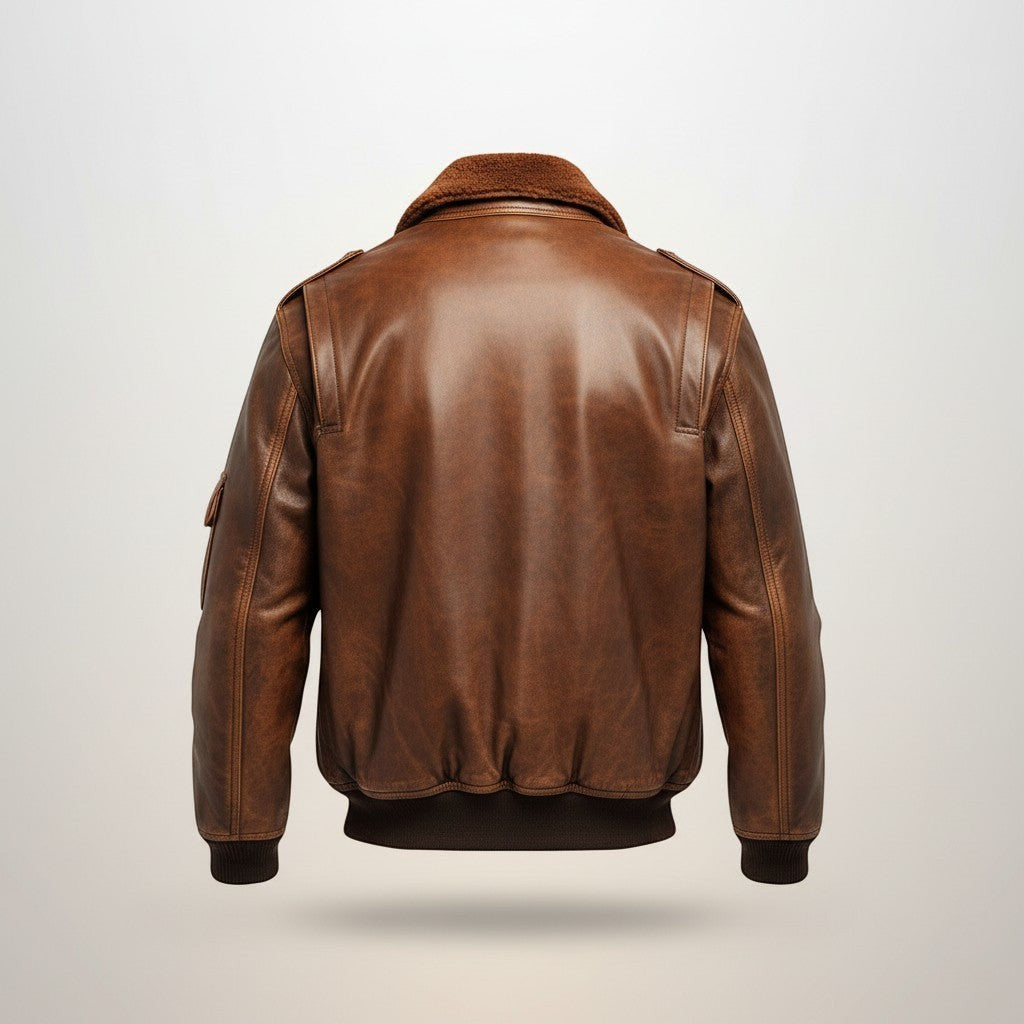Scarlett Stitch Men's distressed brown faux leather bomber jacket with shearling collar and ribbed cuffs.