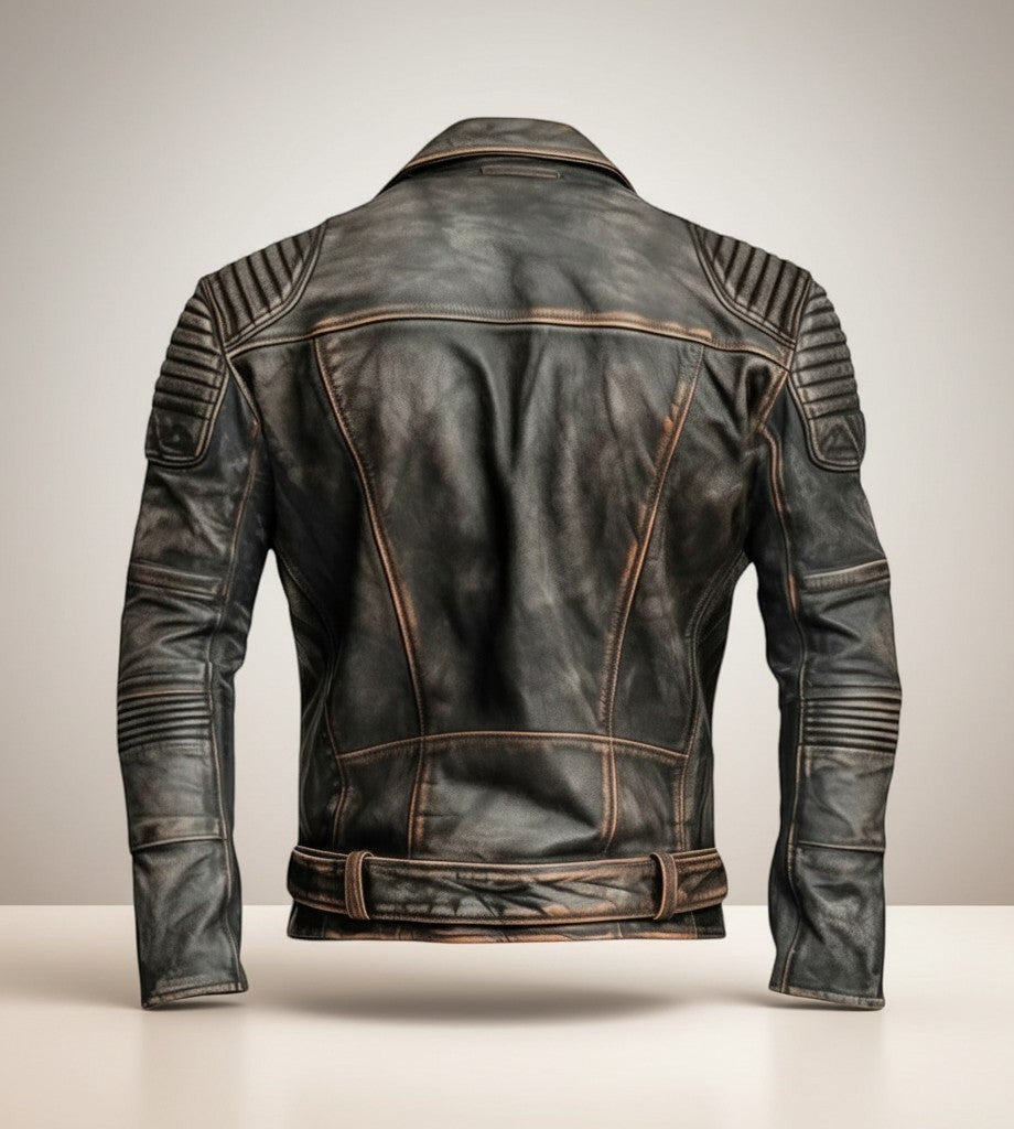 Scarlett Stitch Men's distressed black leather motorcycle jacket with ribbed shoulder and cuff detailing and adjustable hem belt.