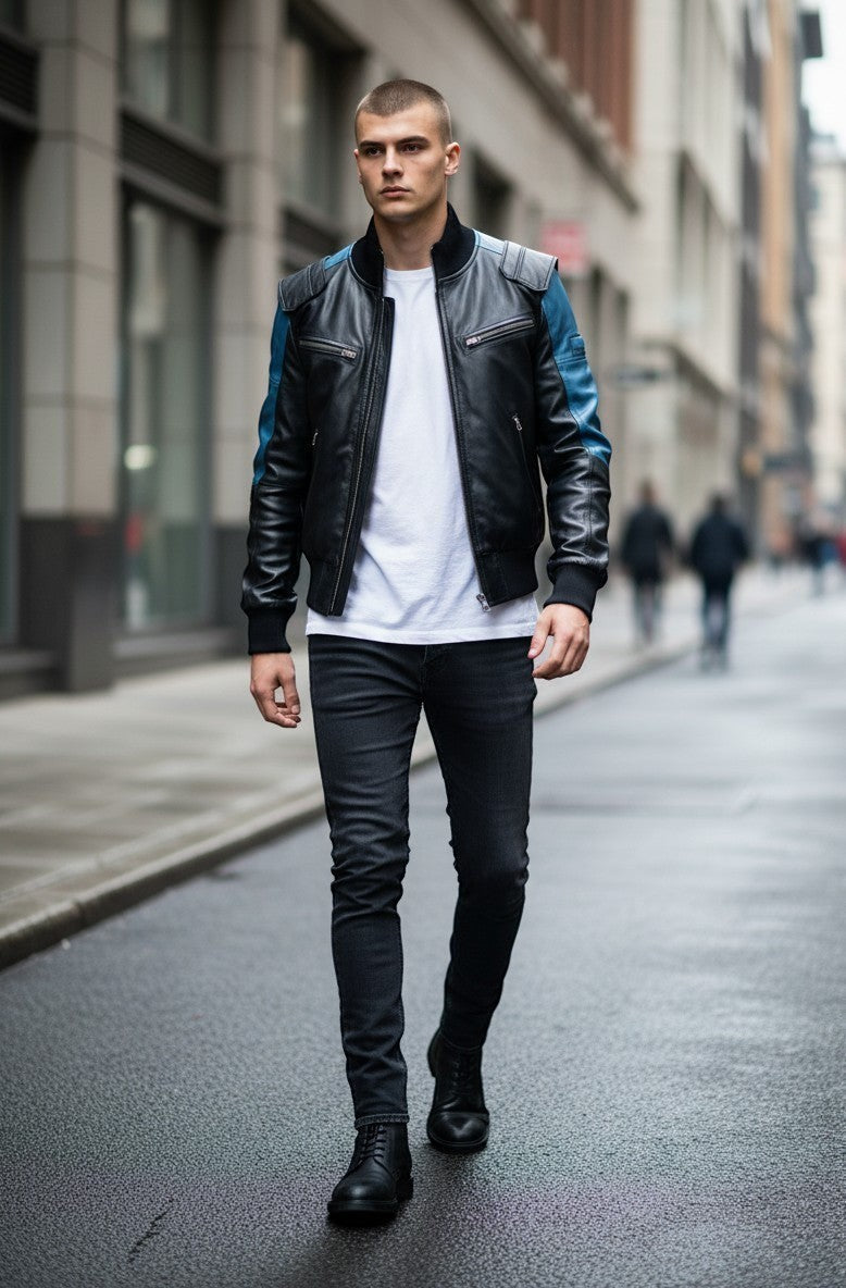 Scarlett Stitch men's black leather bomber jacket with blue accents on sleeves and shoulders, ribbed cuffs and hem.