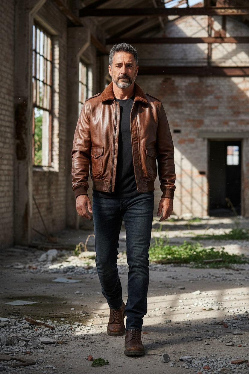 Scarlett Stitch Men's classic brown leather bomber jacket with ribbed collar, cuffs, and hem. Features zip front and chest pockets.