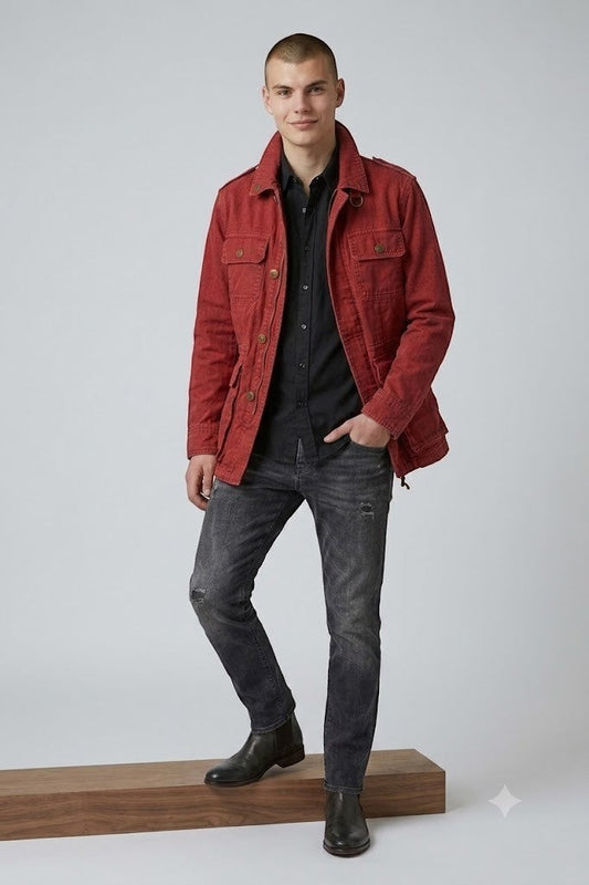Scarlett Stitch Men's deep red cotton blend utility jacket with multiple pockets and button-down front.