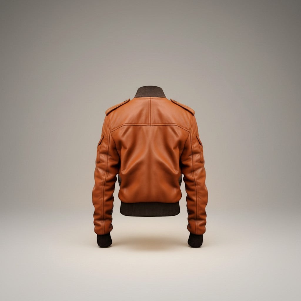 Scarlett Stitch Men's tan genuine leather bomber jacket with ribbed collar, cuffs, hem, and epaulet details.