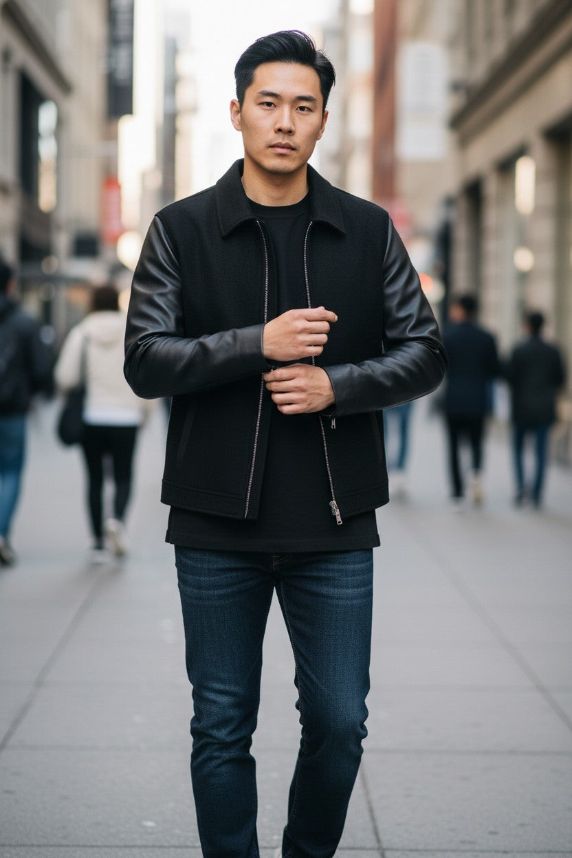 Scarlett Stitch Men's black wool blend bomber jacket with faux leather sleeves, zip front, and welt pockets.