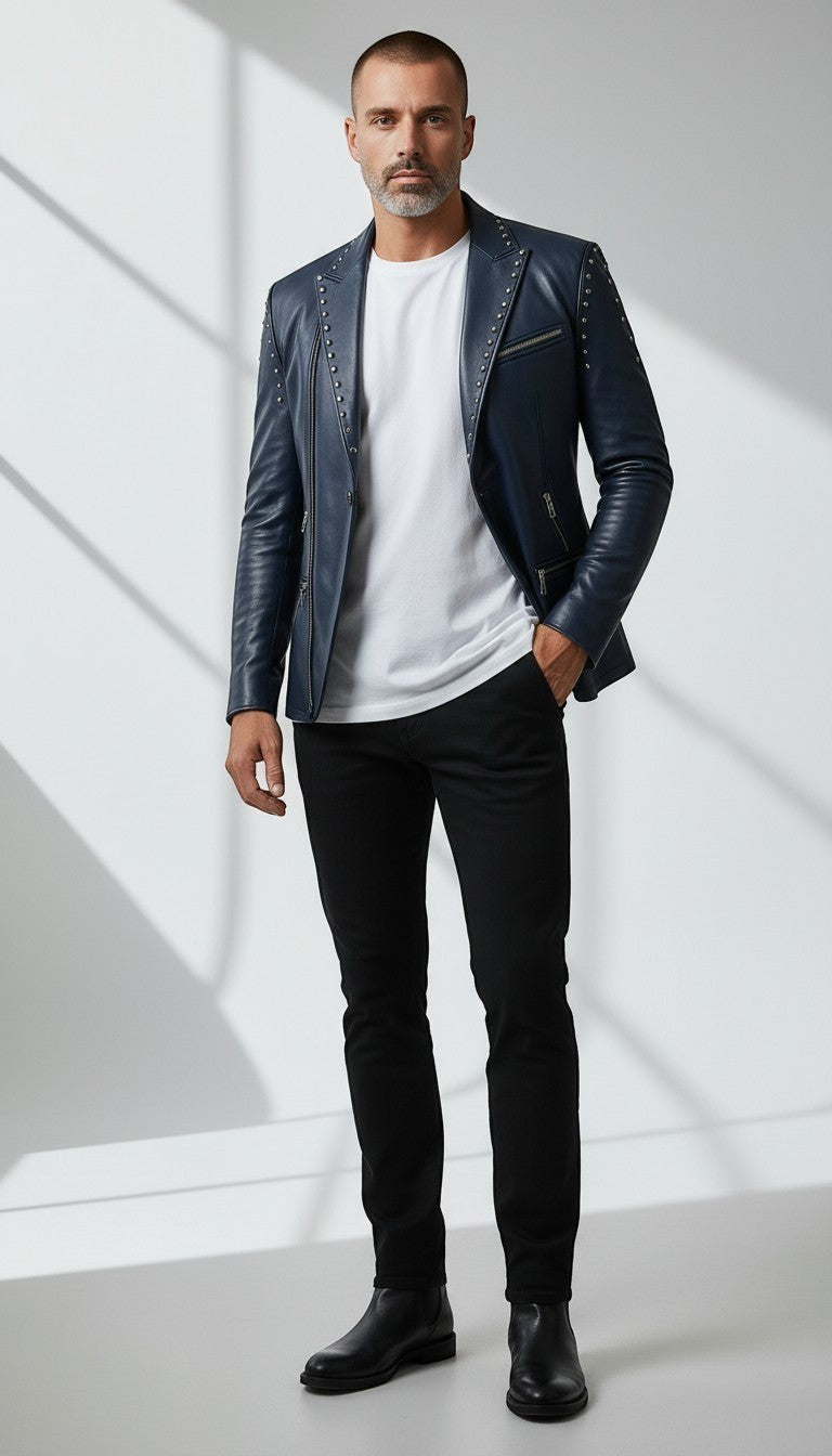 Scarlett Stitch Men's navy blue faux leather blazer with silver stud accents on lapels and shoulders. Features zippered pockets and single-button closure.