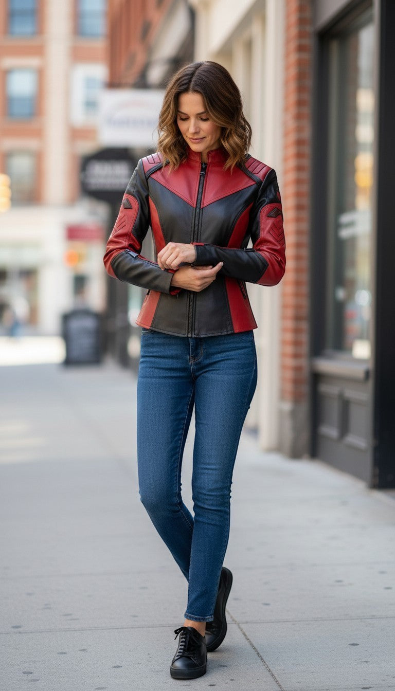 Scarlett Stitch women's red and black genuine leather motorcycle jacket with quilted shoulders and zippered cuffs.
