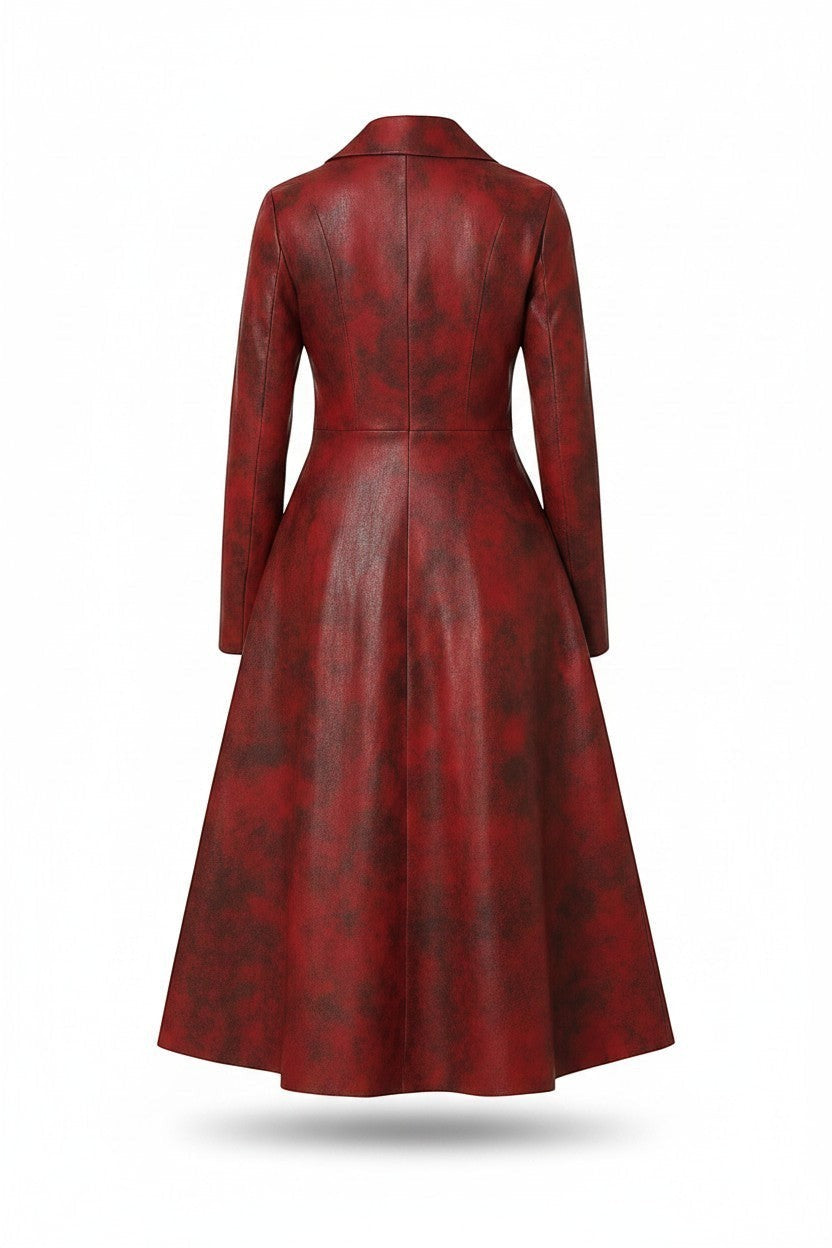 Scarlett Stitch deep red faux leather midi dress with distressed finish, pointed collar, and matching belt.